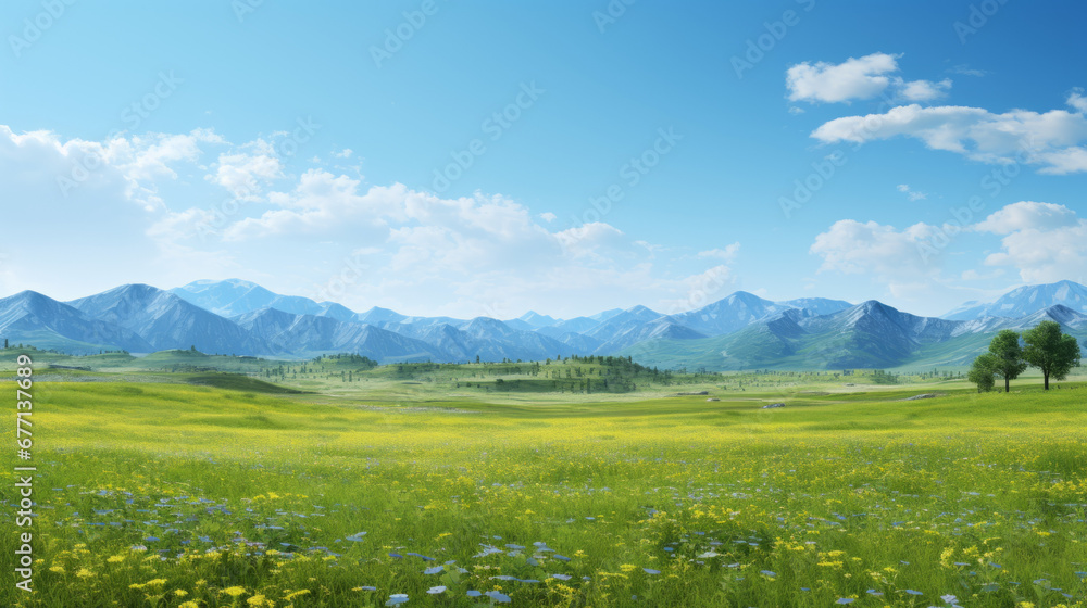 a vibrant and green meadow with a bright blue sky and a distant mountain range