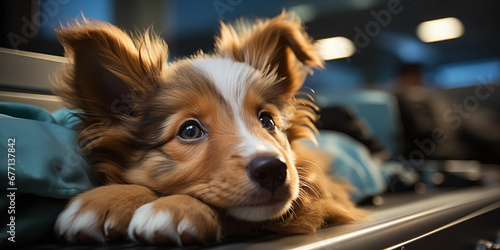 Kleiner junger süßer Retriever Hund beim Tierarzt in Behandlung Nahaufnahme im Querformat für Banner, ai generativ