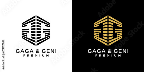 Letter GG logo. Letter GG building tower logo design template. Golden GG logo isolated on black background. Logo design of investment, real estate, property, company, business, GG, Financial.