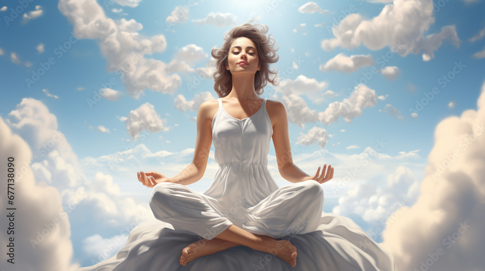 Woman practicing yoga on a soft, floating cloud, embodying tranquility and balance. Ai generated Woman practicing yoga on a soft, floating cloud, embodying tranquility and balance. Ai generated