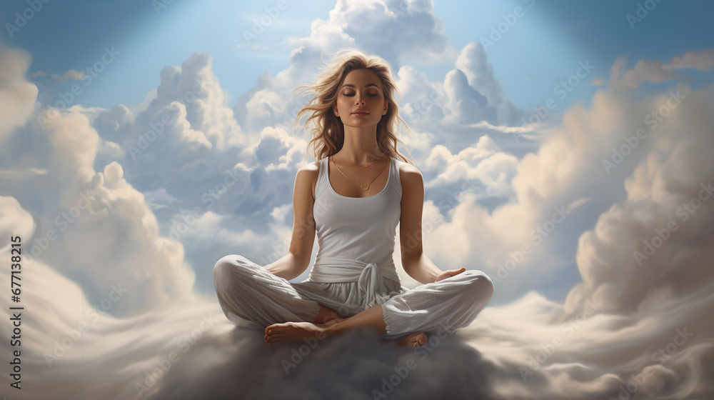 Woman practicing yoga on a soft, floating cloud, embodying tranquility and balance. Ai generated Woman practicing yoga on a soft, floating cloud, embodying tranquility and balance. Ai generated
