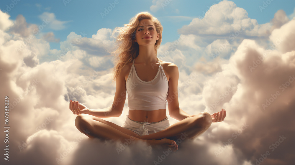 Woman practicing yoga on a soft, floating cloud, embodying tranquility and balance. Ai generated Woman practicing yoga on a soft, floating cloud, embodying tranquility and balance. Ai generated