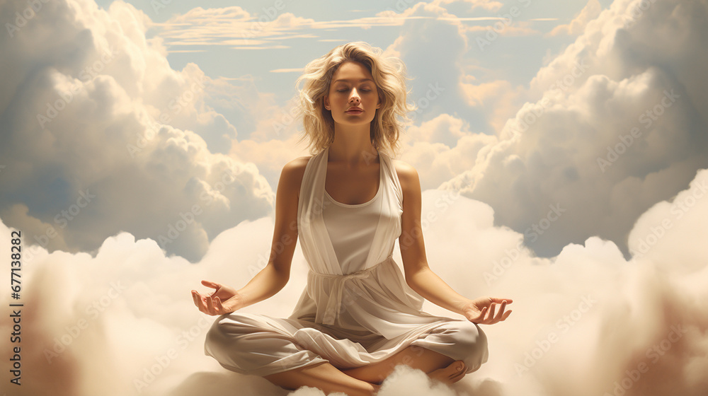 Woman practicing yoga on a soft, floating cloud, embodying tranquility and balance. Ai generated Woman practicing yoga on a soft, floating cloud, embodying tranquility and balance. Ai generated