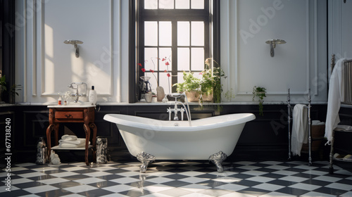 a vintage-style bathroom with a clawfoot tub and a white sink and black-and-white tile flooring