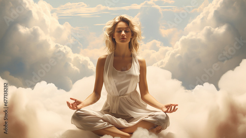 Woman practicing yoga on a soft, floating cloud, embodying tranquility and balance. Ai generated