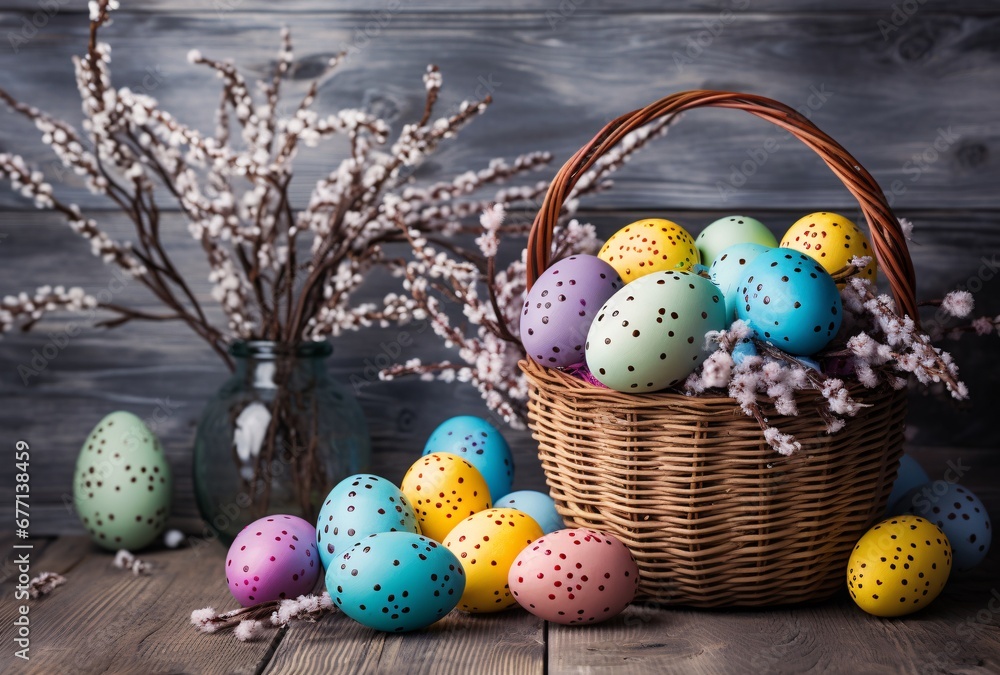 colorful eggs in a basket with a vase on a wooden background, twisted branches, white background, multiple filter effect