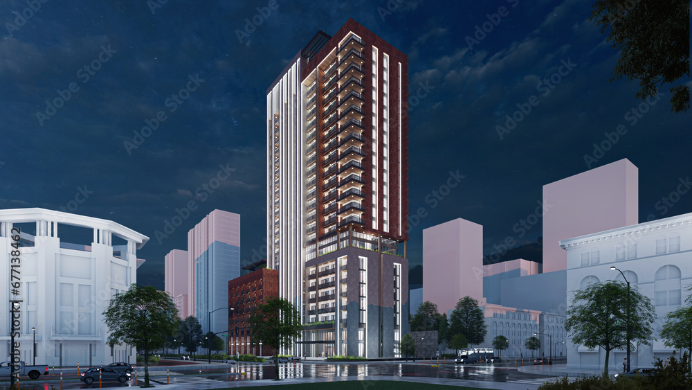 Obraz premium Stunning 3D Rendering of a Residential High Rise Building, Daytime, Modern skyscraper