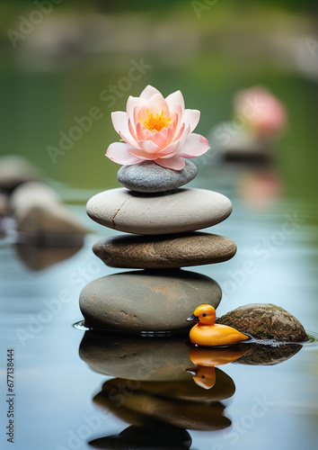 bird sitting on pyramid or tower of stones on the river bank, zen, harmony, chedo, water, rocks, lake, spa, relaxation, nature, tranquility, beauty, balance, landscape, minerals, shape, flower, animal