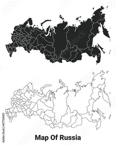 Vector Black map of Russia country with borders of regions