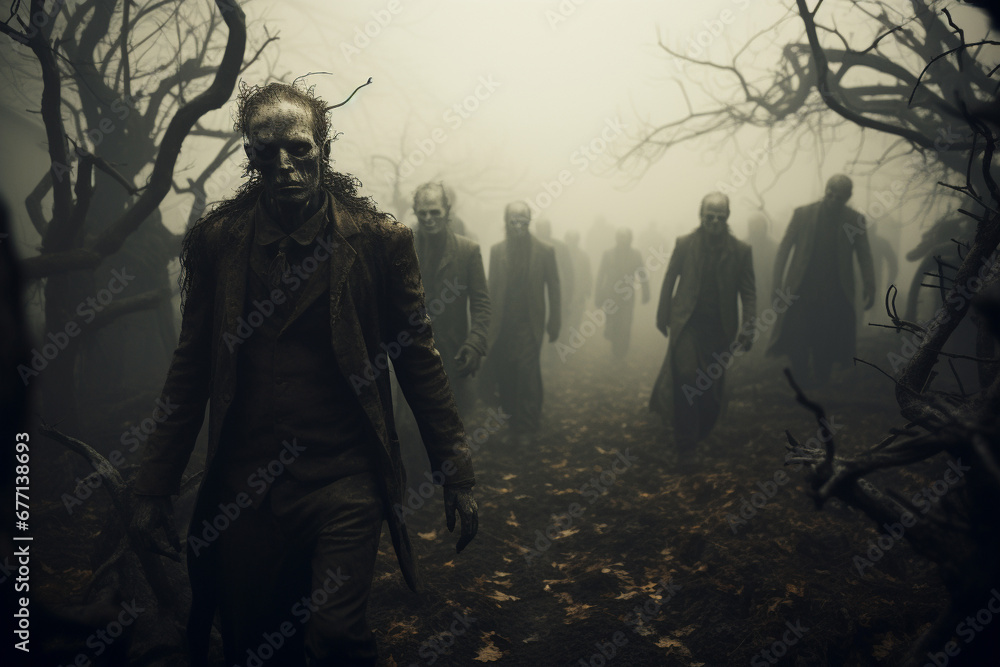 Zombies walking through a cemetery under the eerie moonlight, evoking a chilling atmosphere of the undead in the night. Ai generated Zombies walking through a cemetery under the eerie moonlight, evoking a chilling atmosphere of the undead in the night. Ai generated