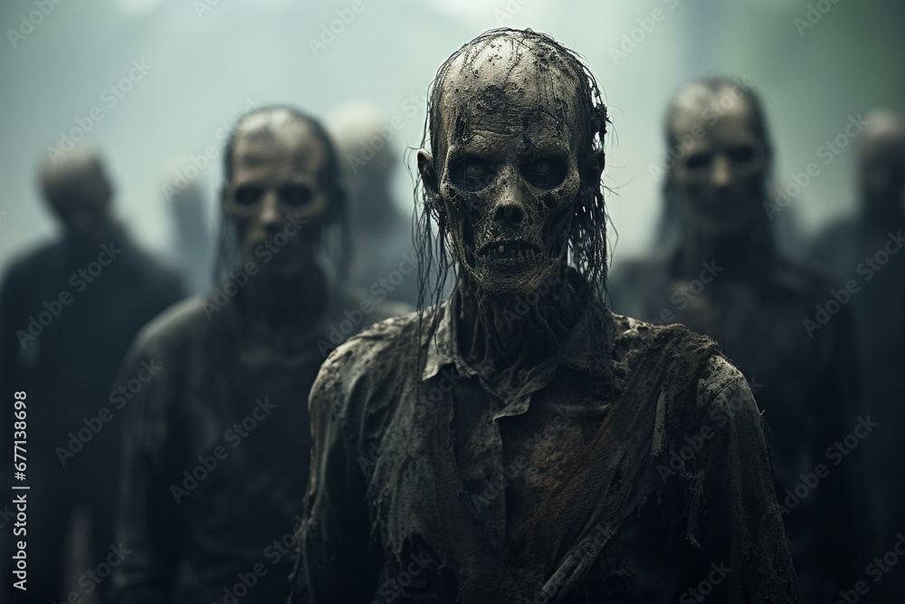 Zombies walking through a cemetery under the eerie moonlight, evoking a chilling atmosphere of the undead in the night. Ai generated Zombies walking through a cemetery under the eerie moonlight, evoking a chilling atmosphere of the undead in the night. Ai generated