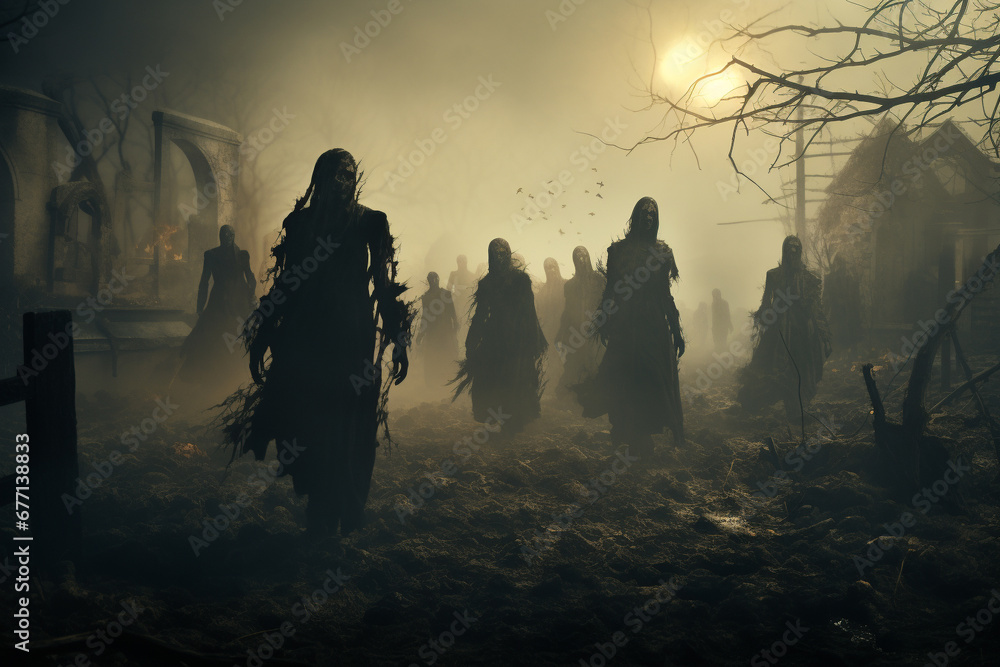 Zombies walking through a cemetery under the eerie moonlight, evoking a chilling atmosphere of the undead in the night. Ai generated Zombies walking through a cemetery under the eerie moonlight, evoking a chilling atmosphere of the undead in the night. Ai generated