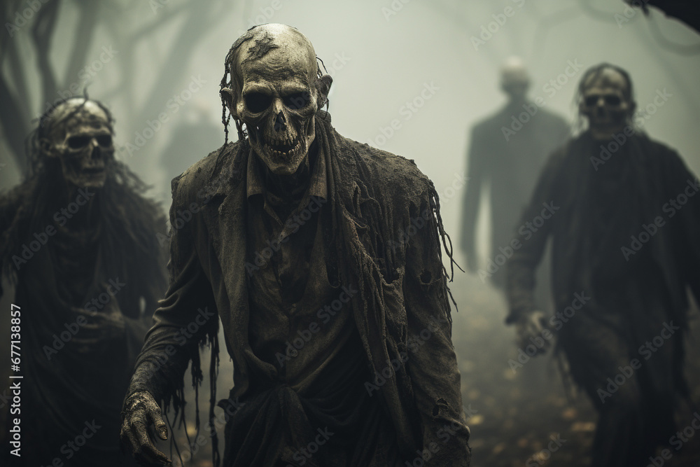 Zombies  walking through a cemetery under the eerie moonlight, evoking a chilling atmosphere of the undead in the night. Ai generated