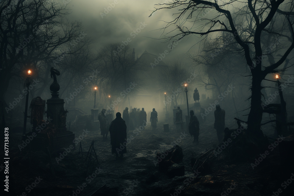 Zombies  walking through a cemetery under the eerie moonlight, evoking a chilling atmosphere of the undead in the night. Ai generated