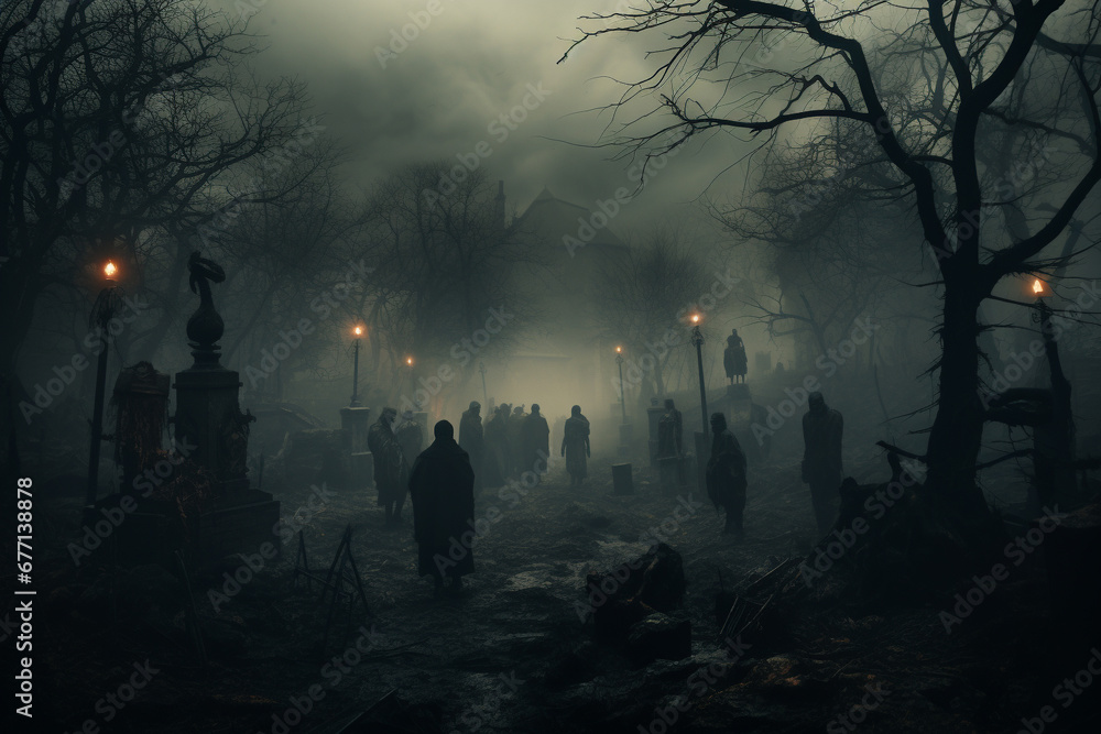 Zombies walking through a cemetery under the eerie moonlight, evoking a chilling atmosphere of the undead in the night. Ai generated Zombies walking through a cemetery under the eerie moonlight, evoking a chilling atmosphere of the undead in the night. Ai generated