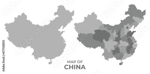 Greyscale vector map of China with regions and simple flat illustration
