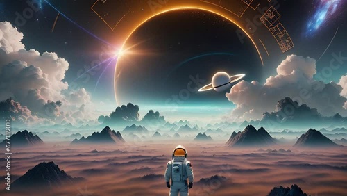 Astronaut exploring an alien planet, surrealistic animation. Dreamy cosmic animation, big planet on horizon, illustrations transformations and metamorphose. AI generated video