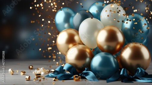 Blue, white, golden balloons with golden bow