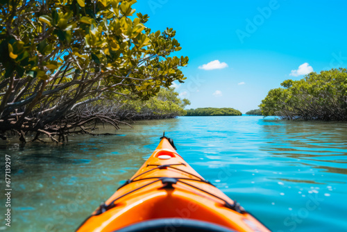 Orange kayak navigating through a mangrove river