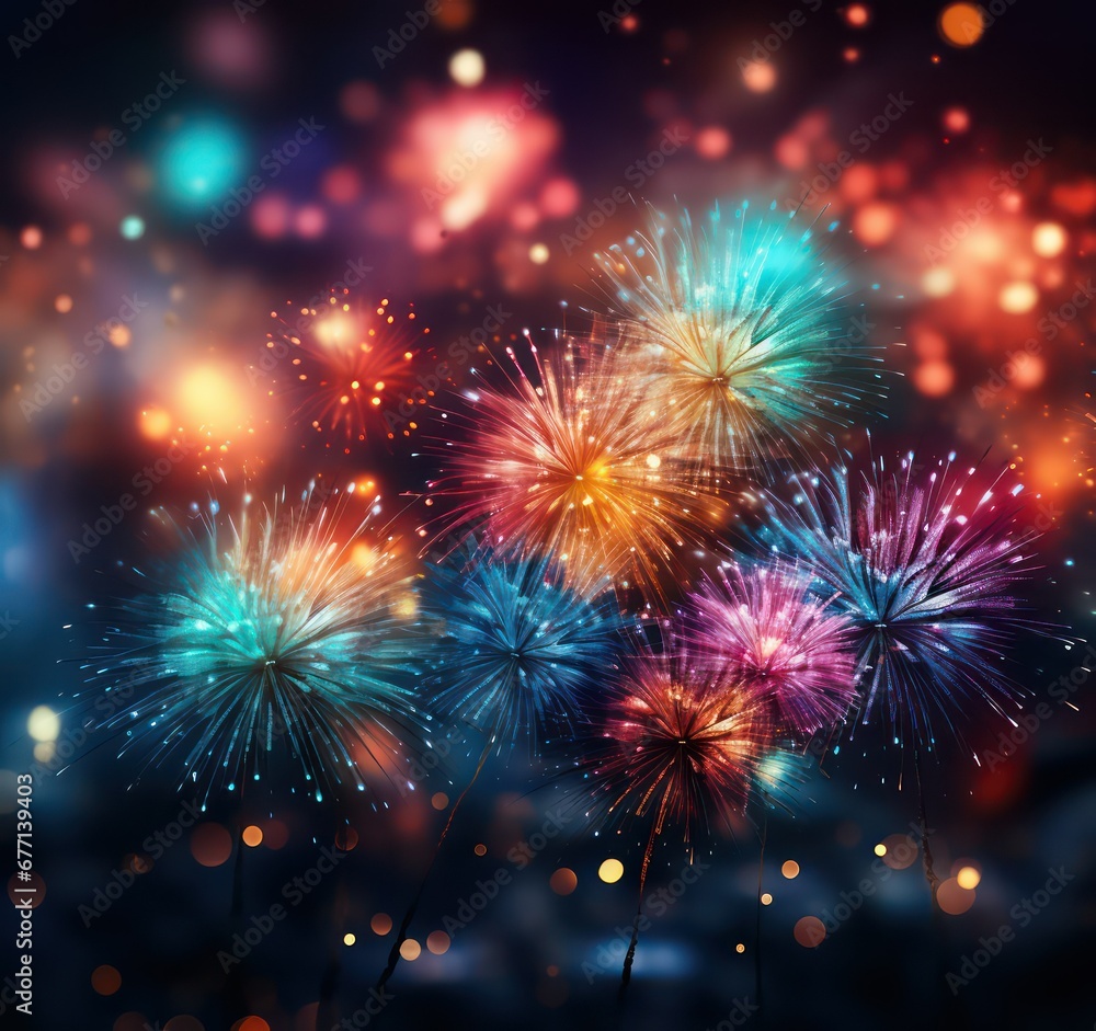 Fototapeta premium Colorful fireworks on night sky background with bokeh effect