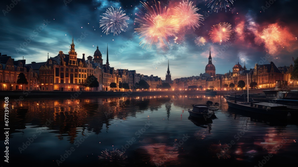 Colorful fireworks on the background of the modern city of France and the river reflection