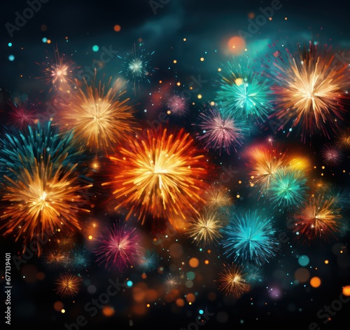 Colorful fireworks on sky background with bokeh effect
