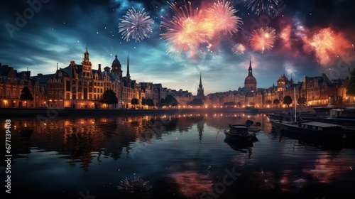 Colorful fireworks on the background of the modern city of France and the river reflection