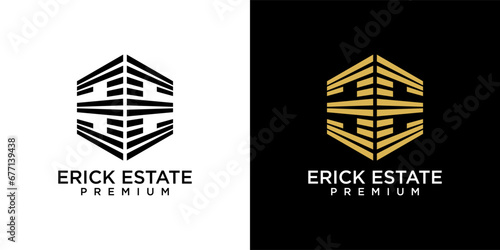 Double E logo design template. Golden real estate building with letter E. Golden E logo isolated on black background. Logo design of investment, company, business, E, Financial.