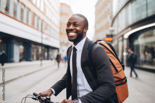 Successful smiling African American businessman with backpack riding a bicycle in a city street in London. Healthy, ecology transport	 photo
