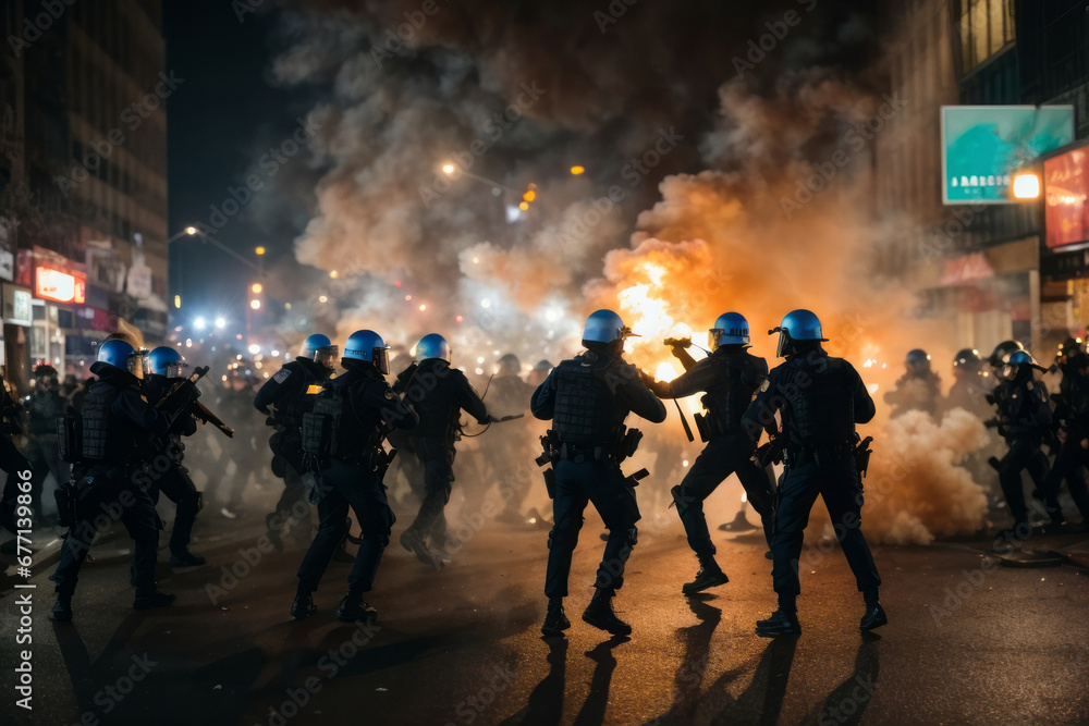 Many police officers are trying to control the streets and people during mass riots and protests on the streets of the city, use smoke bombs and run and catch criminals.