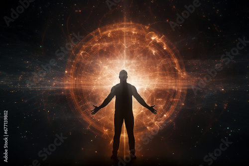 Man surrounded by a dynamic and vibrant energy field, visually portraying the power and vitality emanating from within. Ai generated