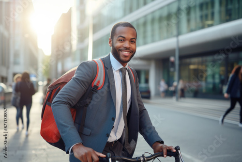 Successful smiling African American businessman with backpack riding a bicycle in a city street in London. Healthy, ecology transport 