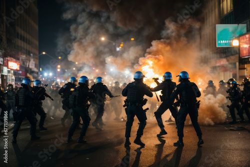 Many police officers are trying to control the streets and people during mass riots and protests on the streets of the city, use smoke bombs and run and catch criminals.
