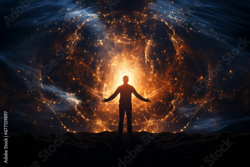 Man surrounded by a dynamic and vibrant energy field, visually portraying the power and vitality emanating from within. Ai generated photo
