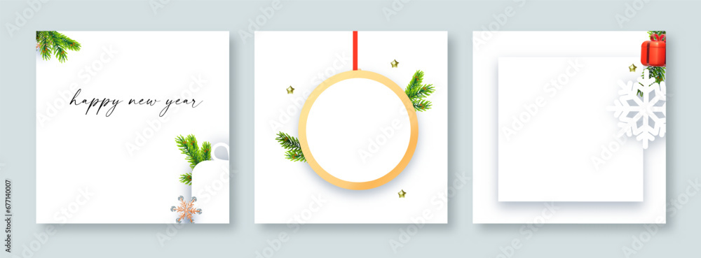 Merry Christmas and Happy New Year flyer template set. 3D and paper design. Season winter offer.