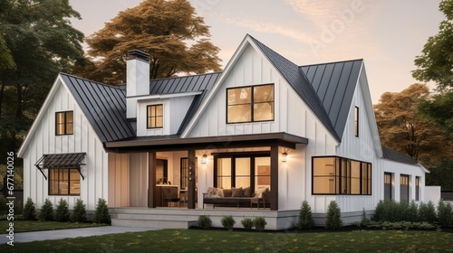 A modern farmhouse with a metal roof, board-and-batten siding, and a welcoming front porch, combining contemporary style with rural charm.