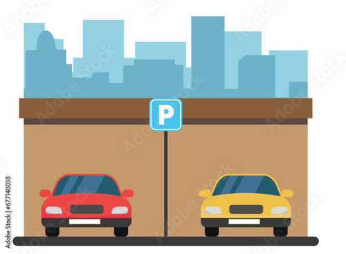 Fototapeta Naklejka Na Ścianę i Meble -  Parking lot vector illustration isolated on white background, flat parking lot sign near the car parked stock illustration