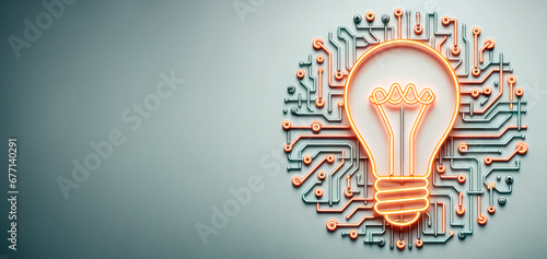 Circuit board with light bulb on blue background with copyspace. Innovation concept. Generative AI photo