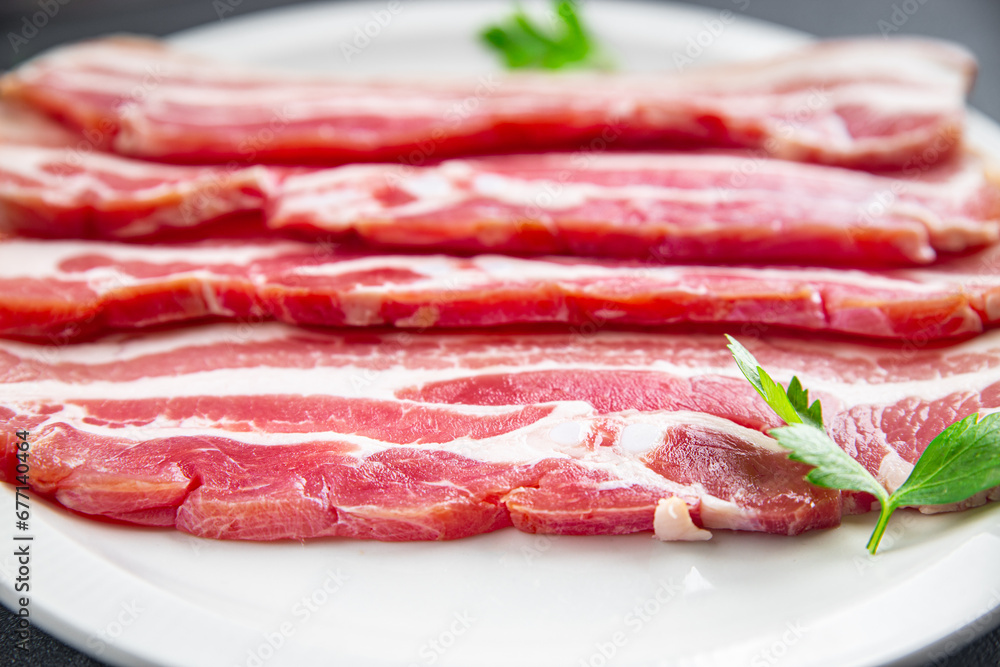 fresh bacon slice meat pork eating cooking appetizer meal food snack on the table copy space food background rustic top view