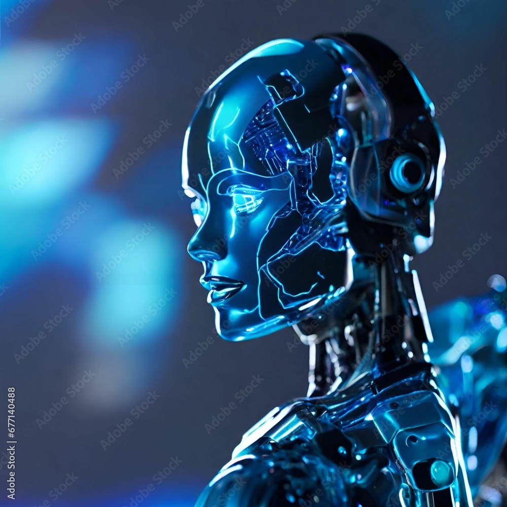 Robotic AI with female robot face. Futuristic technology, machine learning concepts. Artificial intelligence concept. Generative AI