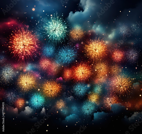 Colorful fireworks on night sky with bokeh effect