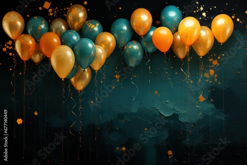 Colorful balloons with ribbons and confetti on dark grunge background