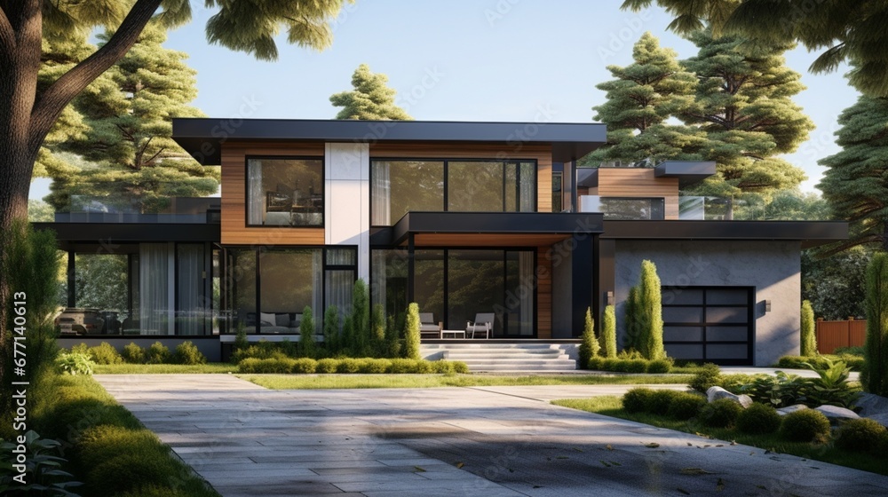 A modern suburban home exterior with clean lines, large windows, and a landscaped garden for a contemporary and inviting look.