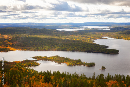 Autumn Landscapes overlooking the lake Kaskama. Panorama. Kola Peninsula, Arctic Circle, Russia