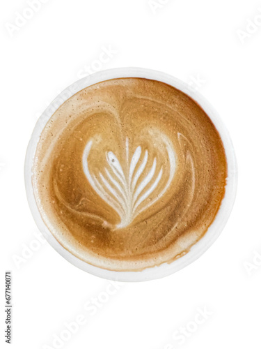 Hot Latte art pattern foam top view isolated on white background. With clipping path included.