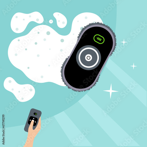 Hand holding the remote control from the window cleaner robot. Window cleaning robot cartoon vector illustration.  Windows cleaner robot wash the window