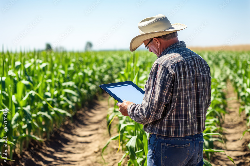 Male farmer hold tablet and look into screen. Farmer surrounded by green field. Agriculture, horticulture, industrial cultivation with modern technologies. Male farmer hold tablet and look into screen. Farmer surrounded by green field. Agriculture, horticulture, industrial cultivation with modern technologies.