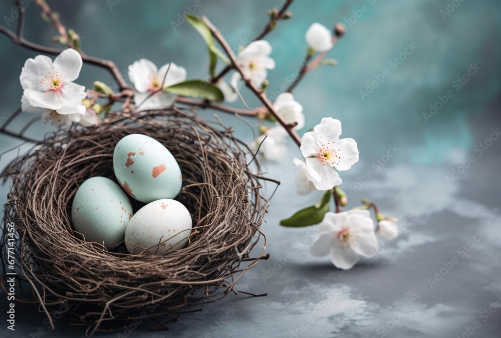 easter eggs in a nest with a colorful paint, white flower and a branch, light turquoise and gray easter eggs in a nest with a colorful paint, white flower and a branch, light turquoise and gray