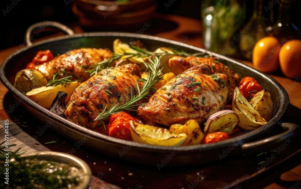 chicken rotisserie with thyme, and lemon closeup on a slate board and pan Dark Background chicken rotisserie with thyme, and lemon closeup on a slate board and pan Dark Background