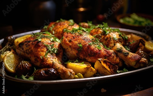 chicken rotisserie with thyme, and lemon closeup on a slate board and pan Dark Background